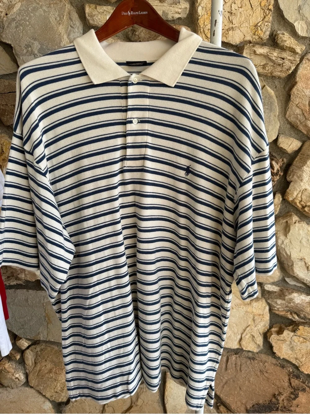 Vintage Polo Ralph Lauren 1X Big Cream Navy Striped Mesh Polo Shirt
